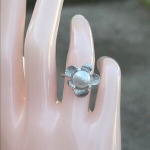 Genuine Button Pearl 8.5mm Sterling Silver Flower Dinner Ring Size 7.5 CZ accent